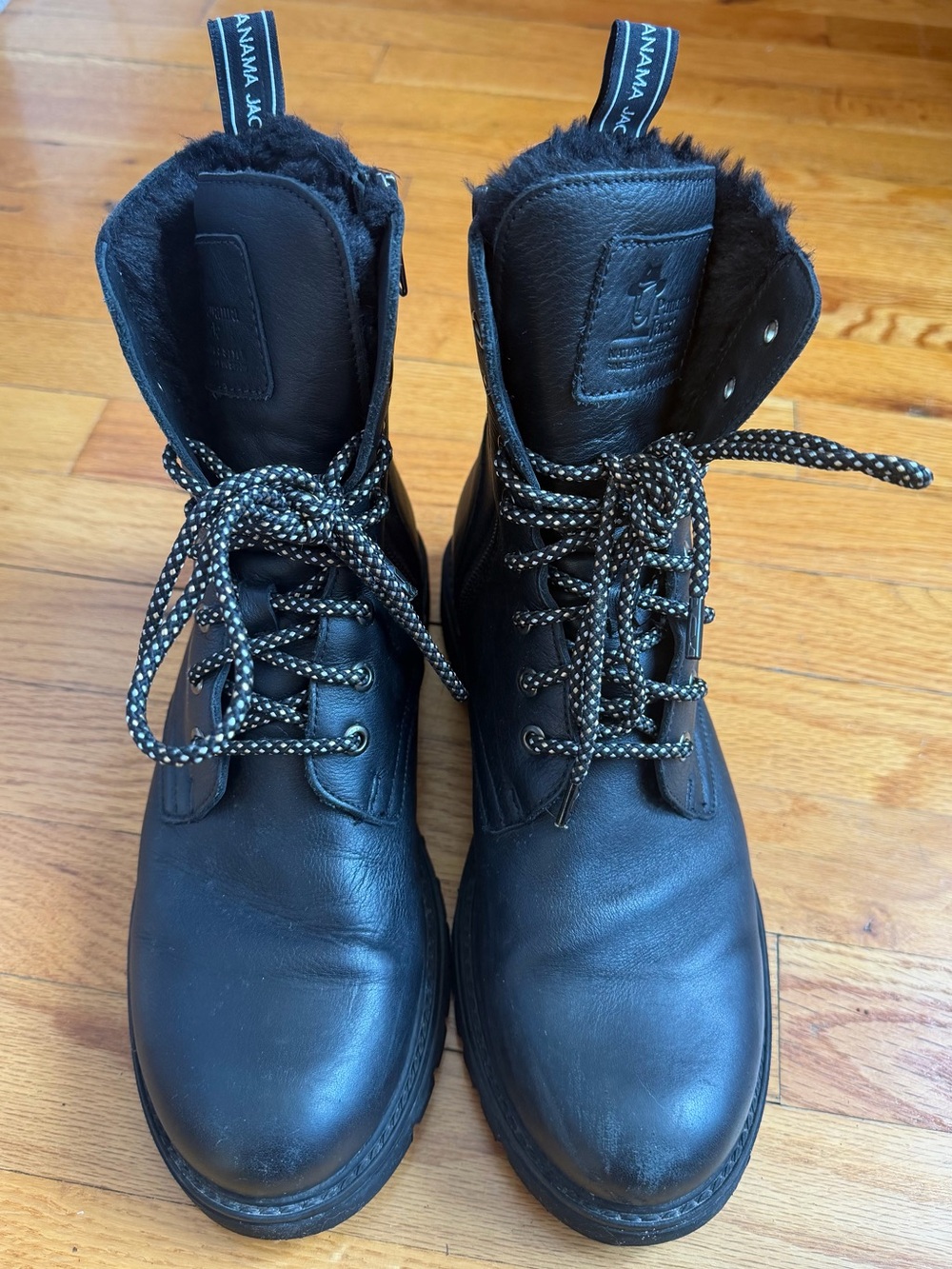 Panama Jack Black Leather Fur-Trim Lace-Up Boots